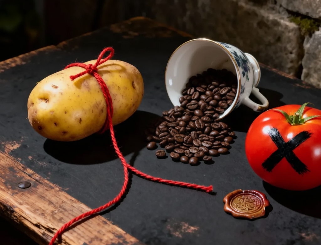 Картофель, связанный как преступник, помидор с клеймом «запрещено», разбитая чашка. Эти обычные продукты когда-то были вне закона — не из-за вкуса, а из-за политики, экономики и страха.