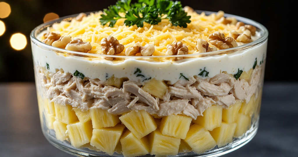 Салат «Царский» с курицей и ананасами — рецепт, который в нашей семье подавали только по особым случаям