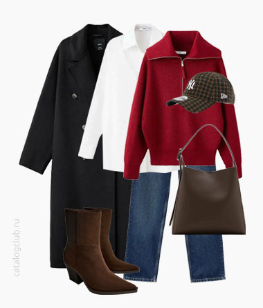 Пальто Mango | Свитер Mango | Рубашка Mango | Джинсы Mango | Сапоги Bershka | Бейсболка New Era | Сумка Mango