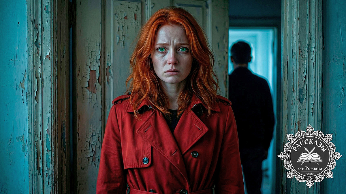 Женщина в красном плаще стоит перед приоткрытой дверью, осознавая предательство мужа и свекрови