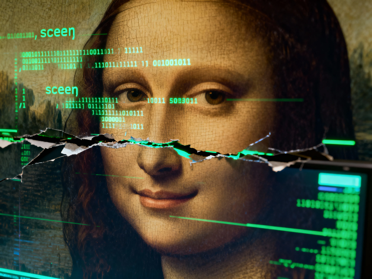 Фрагмент самой знаменитой улыбки в мире, пропущенный через «дешифратор». Люди веками ищут в «Моне Лизе» скрытый код — и в итоге покрывают её слоем собственных цифровых мифов.