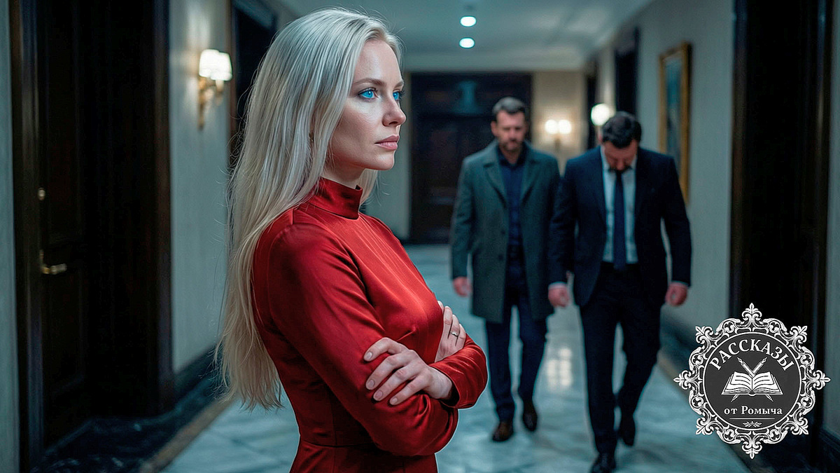 Торжествующая женщина в красном платье на фоне задержания мужа