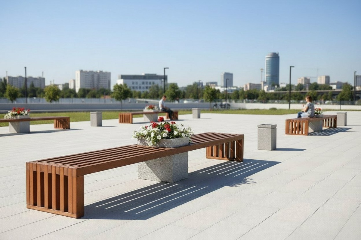 Изделие МАФ из архитектурного бетона, созданное для современных городских пространств.

«Скамейка-Вазон Каприз» из прочных брусков, создающих уютную атмосферу и тепло в любом пространстве.  а в самом центре — вазон из архитектурного бетона , выполнен в технологии мытый камень  🌸                                                                                                                                             - Основной материал — натуральный древесный брус, который отлично подходит для улицы и придает эстетичный, природный вид.  
- Центральный дизайн — бетонный вазон, расположенный прямо по середине. Он не только служит стильным элементом, но и отлично подходит для размещения цветов или растений — превращая вашу скамейку в мини-сад.  