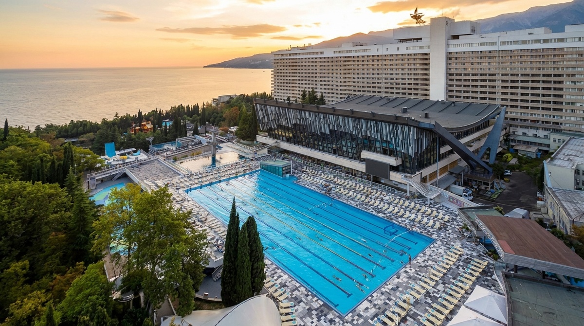 Олимпийский бассейн Ялта Интурист с подогреваемой морской водой — главный магнит для туристов даже зимой.