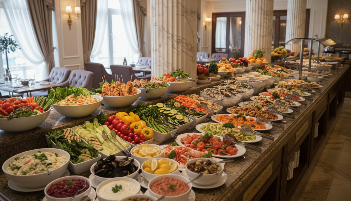 Питание по системе шведский стол в Ялта Интурист предлагает выбор из сотен блюд, но в пиковые часы здесь бывает шумно.