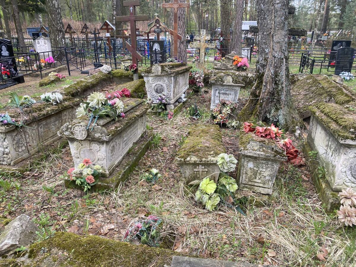 Купеческий некрополь на Елкинском кладбище. Белокаменные саркофаги XIX века среди современных захоронений