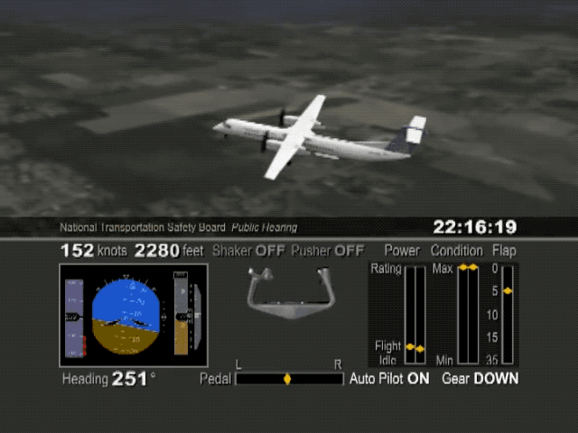 В этой анимации NTSB показано, с какой скоростью снижался рейс 3407 до того, как сработала система предупреждения о сваливании и капитан Ренслоу начал набирать высоту.