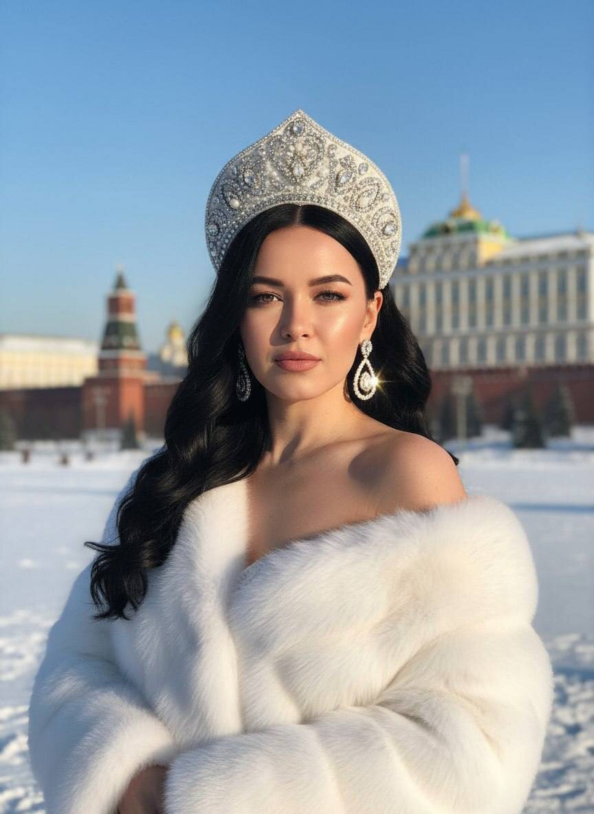 Девушка в серебряном кокошнике и белой шубе стоит на фоне заснеженного Московского Кремля в морозный солнечный день — www.promtyi.com