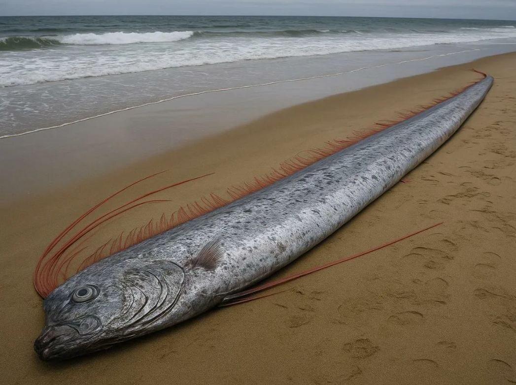 Фото: Этот редкий кадр запечатлел рыбу-ремень, выброшенную на берег,
