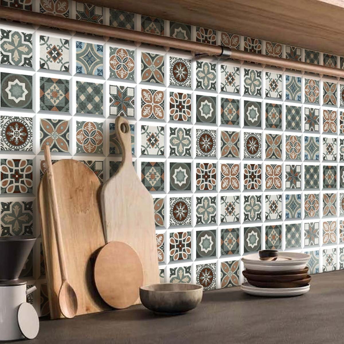 Пример отделки фартука интерьерными наклейками VEROL под мозаику. Артикул на WB: 75506216.