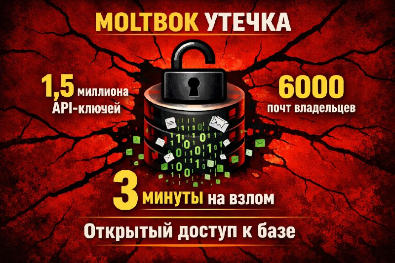 Масштаб утечки в Moltbook: 1,5 миллиона API-ключей, 6000 почт владельцев и полный доступ к базе данных за три минуты