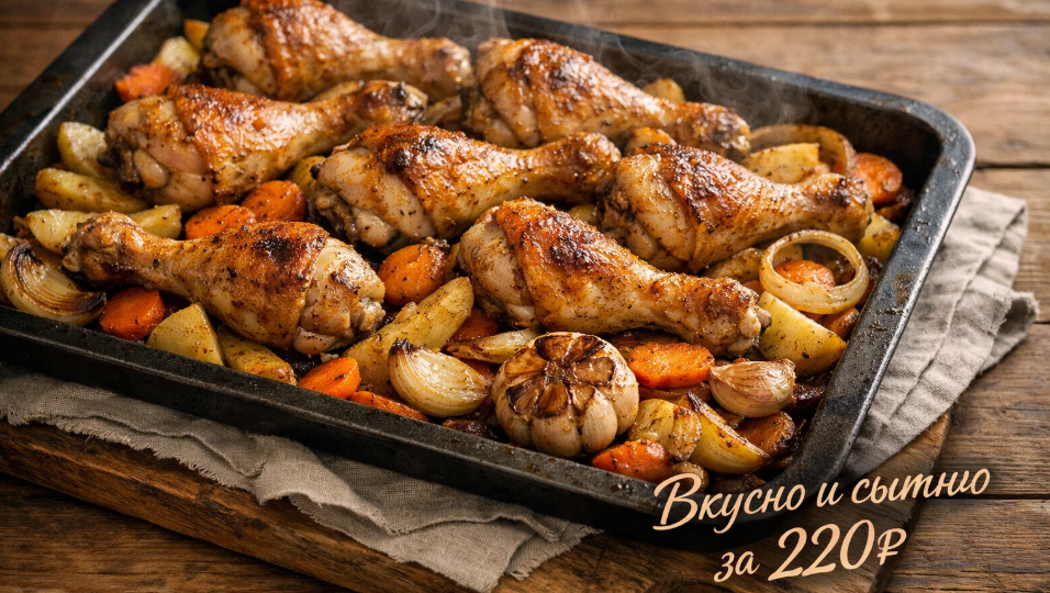 За 220 рублей готовлю большой противень запечённых куриных голеней с овощами