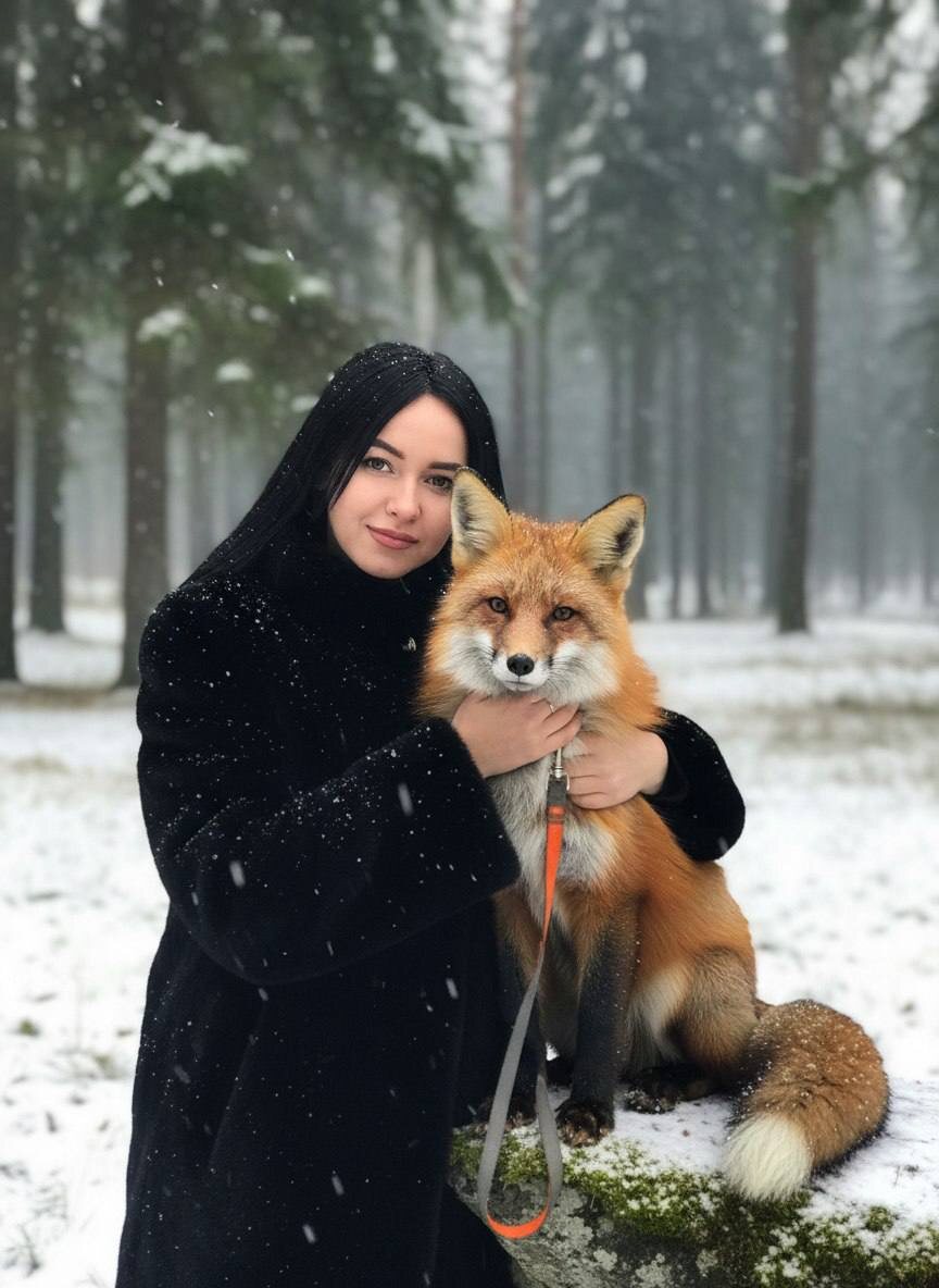 Девушка в чёрной шубе обнимает лису в заснеженном лесу — www.promtyi.com