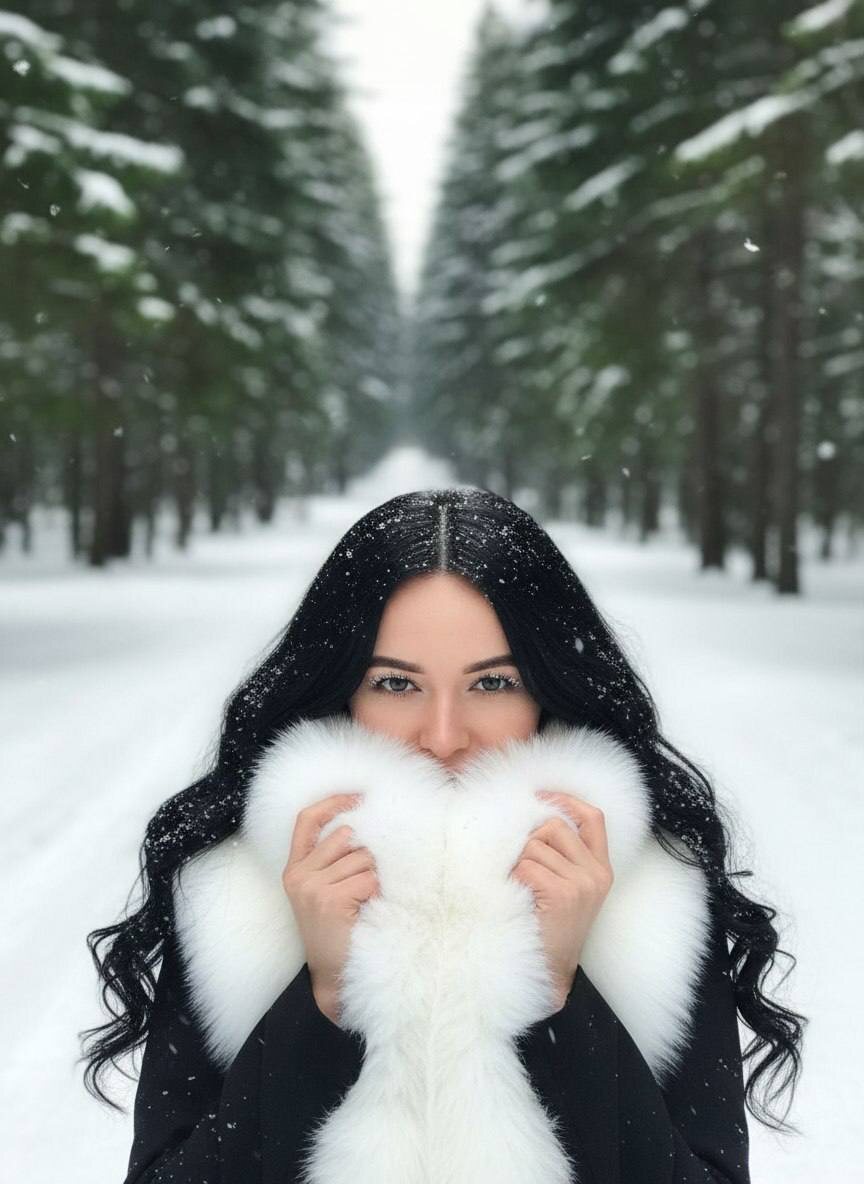 Девушка в пальто прижимает к лицу белый меховой воротник в зимнем лесу — www.promtyi.com 