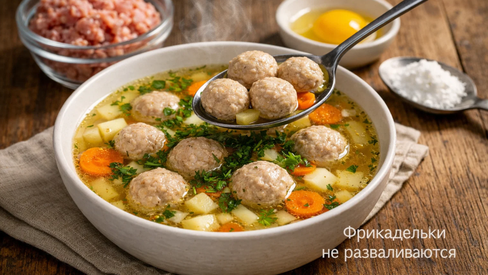 Если фрикадельки разваливаются в супе, добавьте в фарш яйцо и ложку крахмала