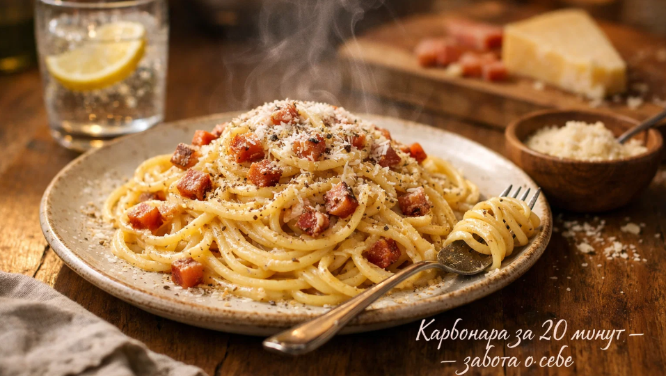 20 минут — и на столе горячая паста карбонара с хрустящим беконом