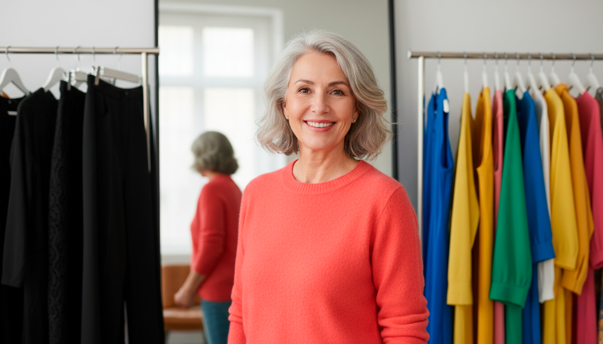 Посмотрите на эту женщину! Ей 58, и она сияет в ярком коралловом свитере. Видите? Слева - тёмная скучная одежда. Справа - яркая, жизнерадостная. Перед таким выбором стоит каждая из нас после 50. Именно так выглядит женщина, которая перестала бояться и начала жить для себя.