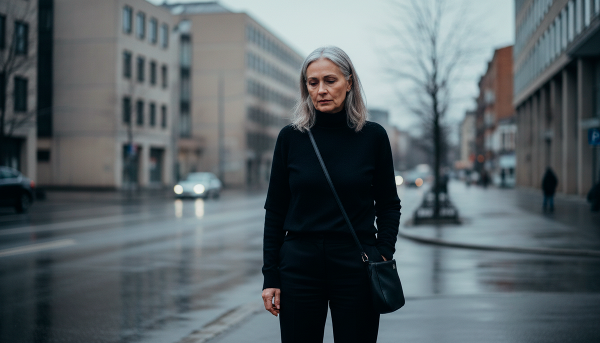 Вот она - типичная картина. Элегантная ухоженная женщина, но полностью растворённая в чёрном цвете. Обратите внимание на выражение лица - усталое, грустное, будто она сама себя стёрла. Чёрный цвет у лица делает кожу серой, подчёркивает каждую морщинку.