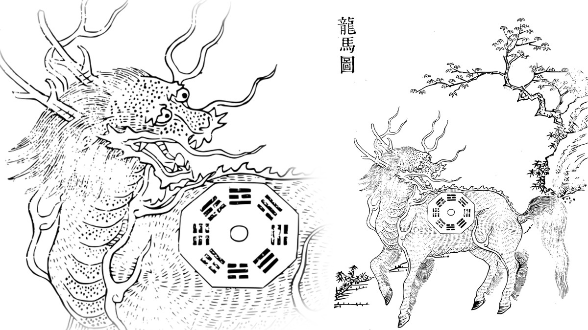 Лунма, несущий на спине гексаграммы-яо и триграммы-багуа 