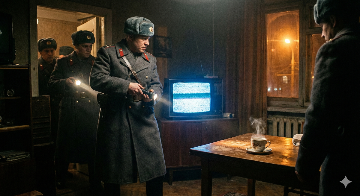 Сцена неудачного штурма квартиры в Москве: пустая комната с работающим телевизором и паром над чашкой кофе.