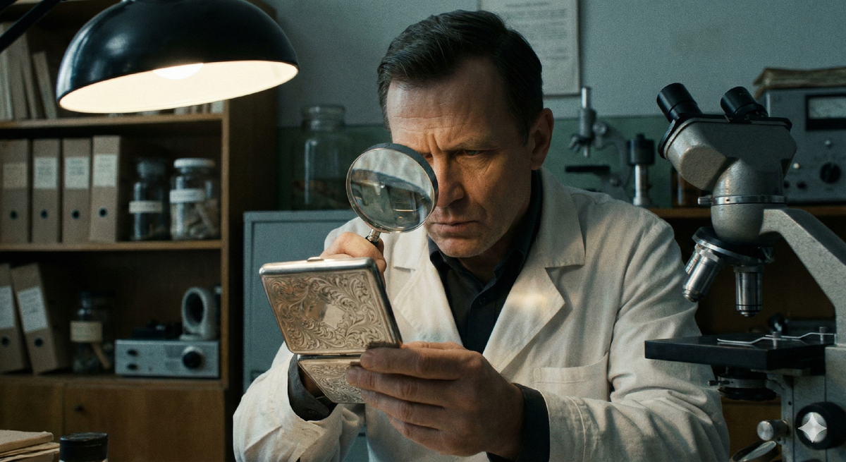 Процесс криминалистической экспертизы важной улики по делу №364 в лаборатории 70-х годов.