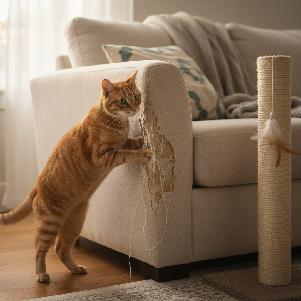 Типичная ситуация: кот выбирает диван для заточки когтей, хотя когтеточка рядом.Типичная ситуация: кот выбирает диван для заточки когтей, хотя когтеточка рядом.