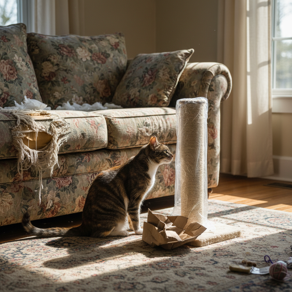 Питомец может долго не проявлять интереса к новой когтеточке, предпочитая старые локации