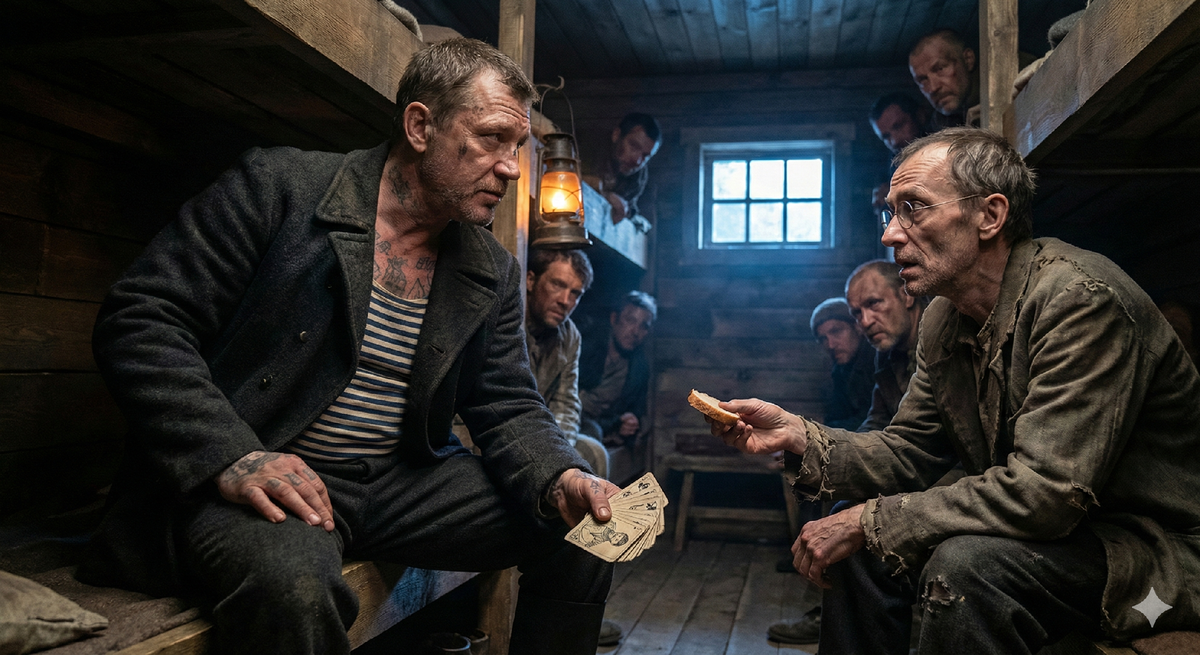 Иерархия в советском лагере 1930-х годов: уголовник доминирует над интеллигентом-политзаключенным в переполненном бараке.