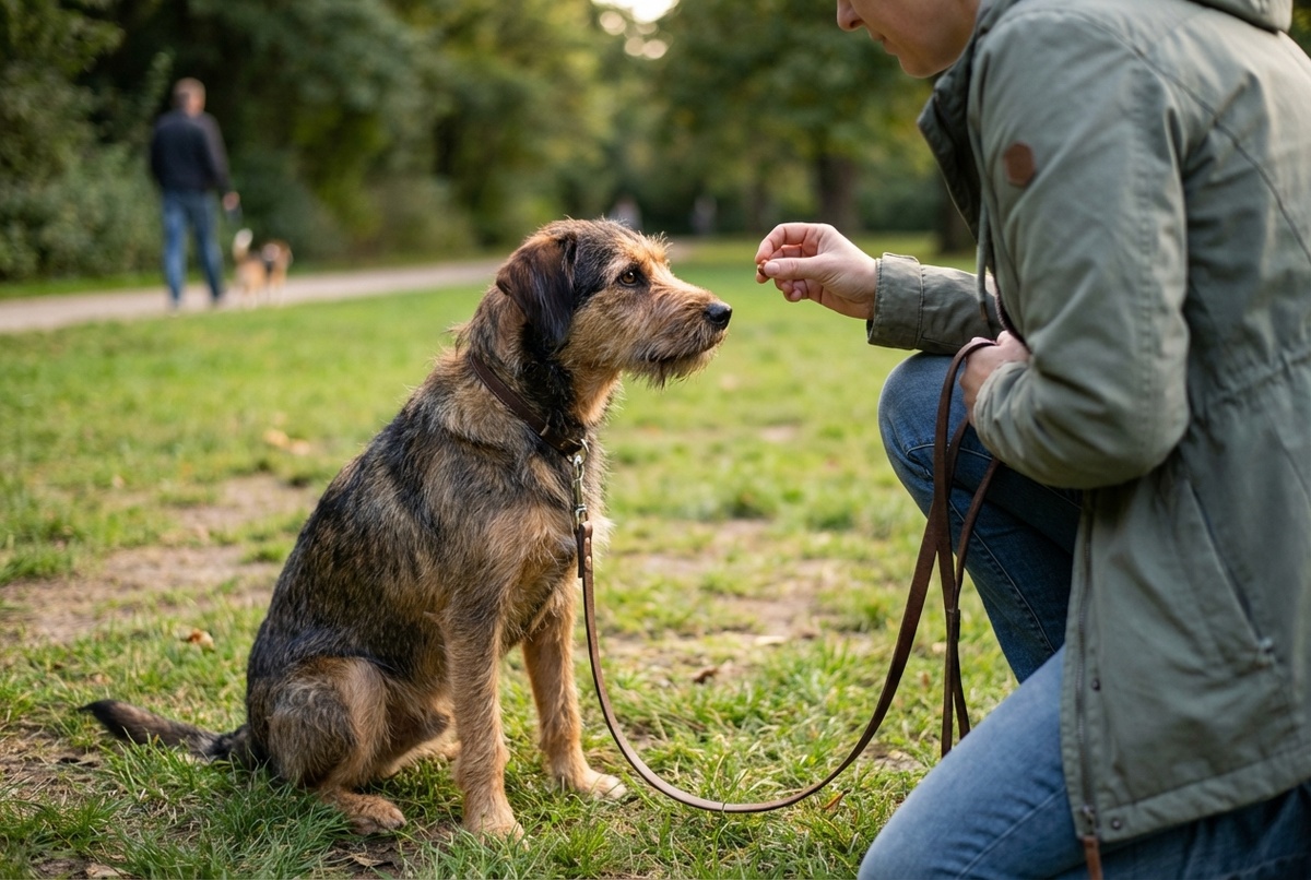 Тренировка внимания с собакой на поводке: переключение на хозяина вместо садок