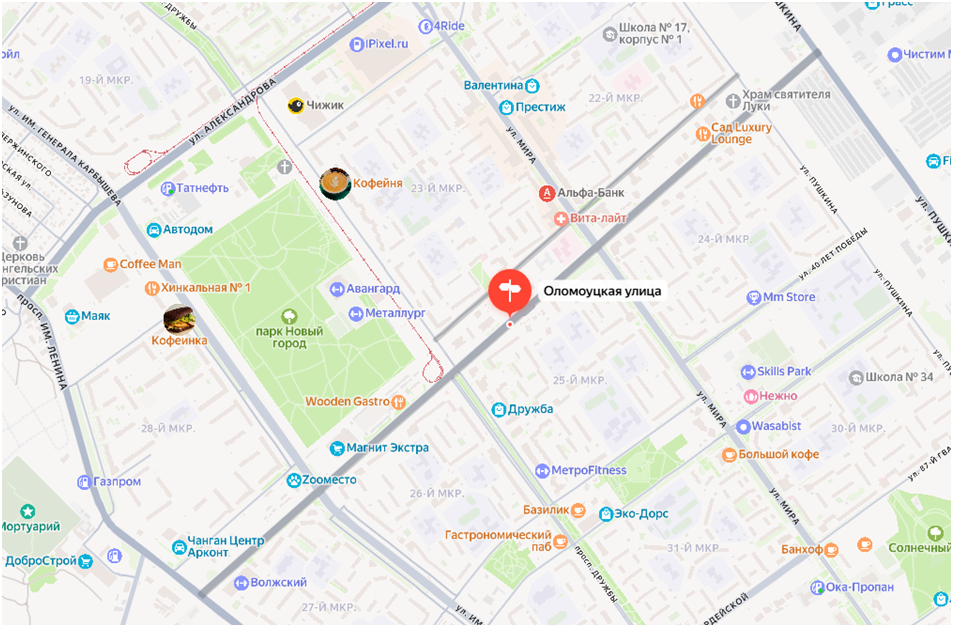 Улица Оломоуцкая на карте города Волжского.