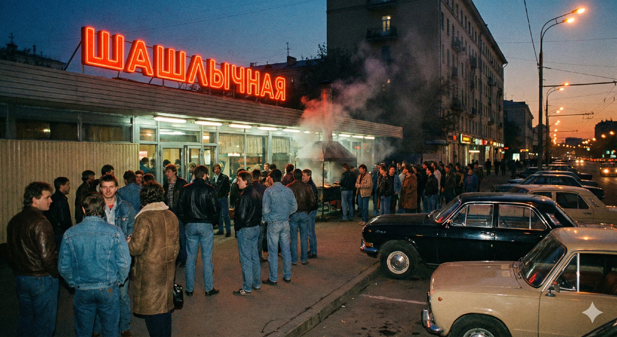 Атмосферный снимок Москвы времен перестройки: оживленная улица перед входом в советскую шашлычную, неон, старые автомобили и ощущение надвигающихся перемен.