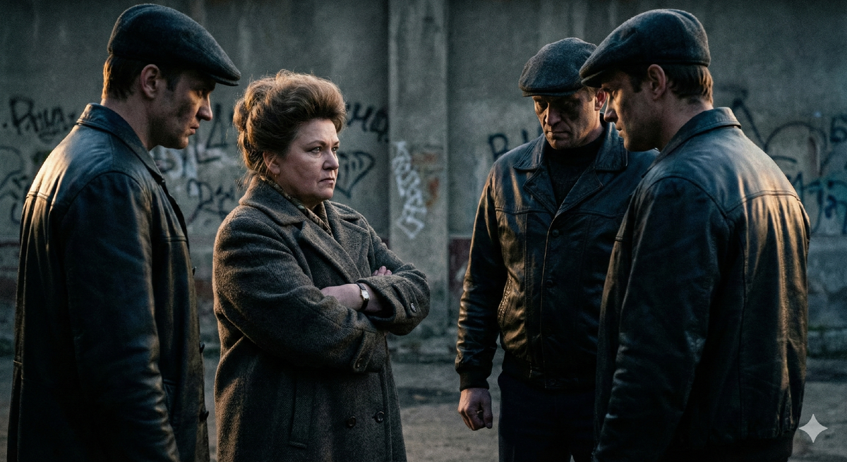 Напряженная сцена уличного конфликта: женщина-директор ресторана бесстрашно противостоит группе бандитов-рэкетиров в Москве эпохи перестройки.