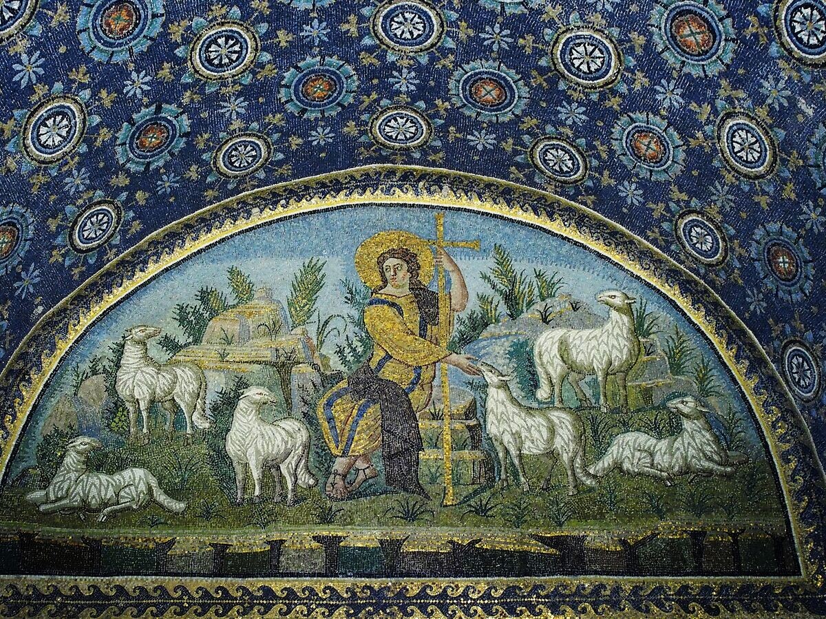    Мозаика «Христос — Добрый Пастырь» в мавзолее Галлы Плацидии | CC BY-SA 4.0 / Petar Milošević / "The good Shepherd" mosaic in mausoleum of Galla Placidia. UNESCO World heritage site. Ravenna, Italy. 5th century A.D. (cropped a photo)