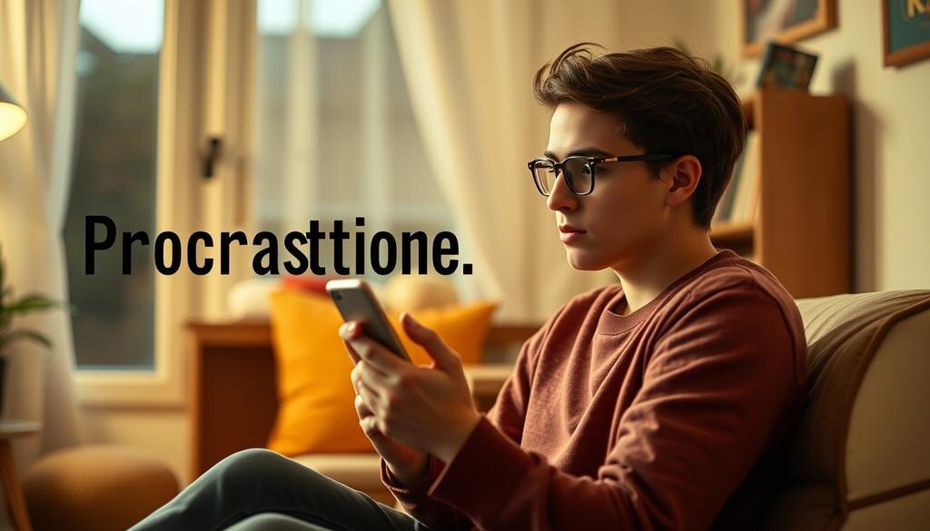    Молодой человек, отвлеченный своим смартфоном, сидя в комнате.