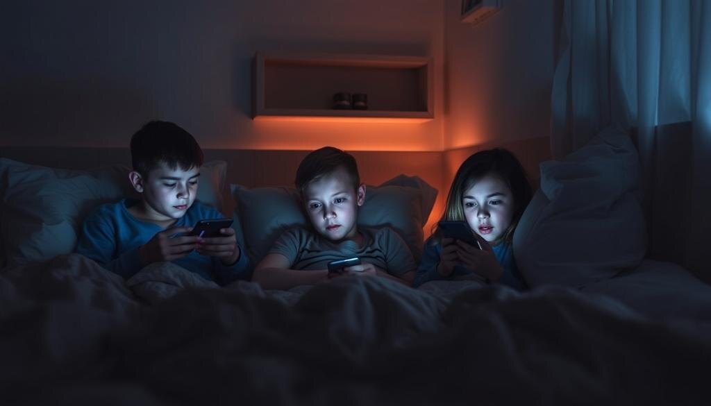    Подростки, использующие смартфоны перед сном в темной комнате.