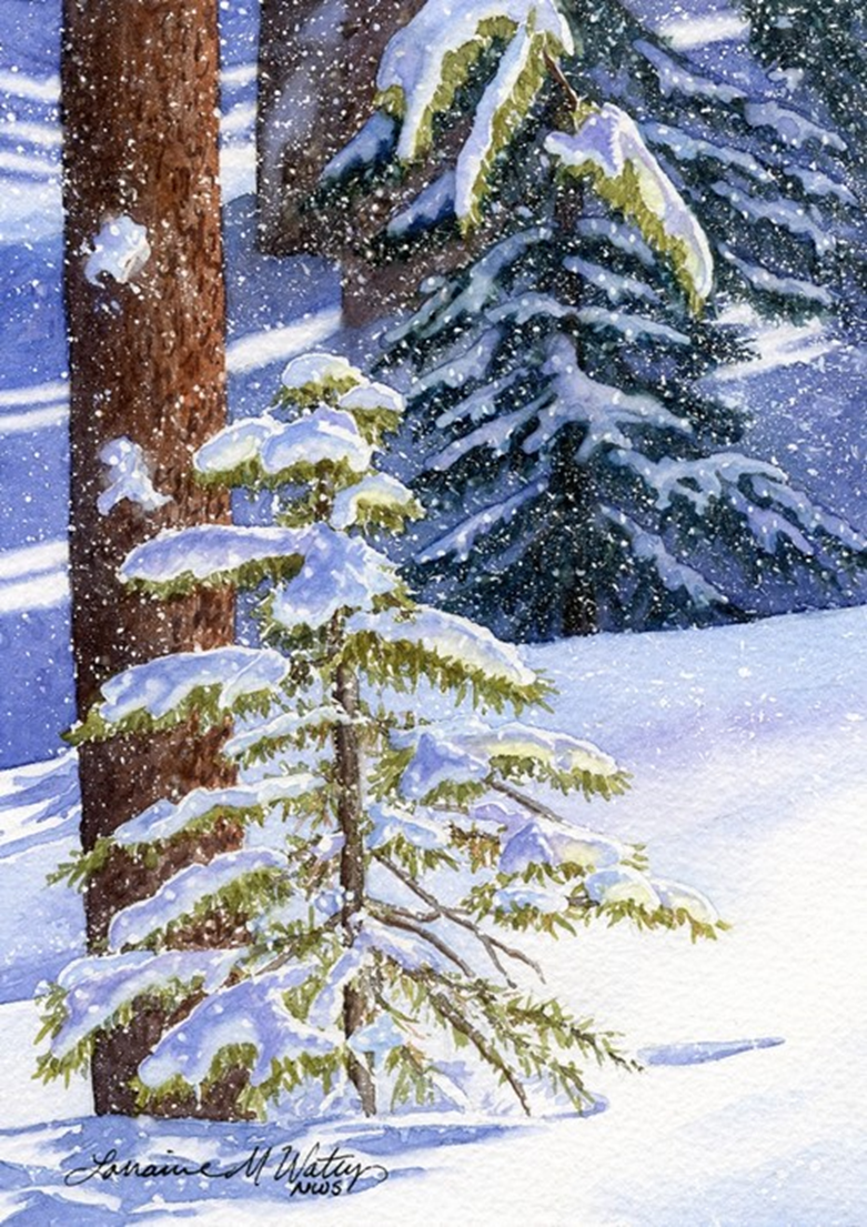 Лоррейн Уотри.  Падающий снег. Размер: 4.5x6.5.
https://hunterwolffgallery.com/detail.cfm?pid=11322
