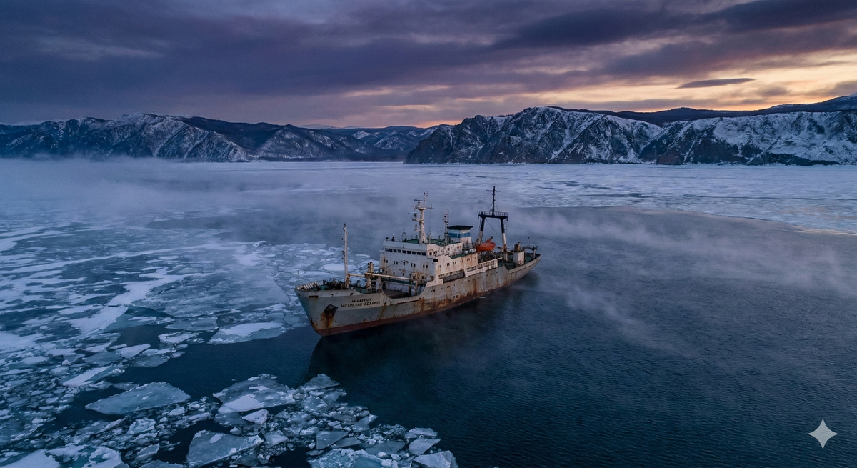 Фотография о корабле-призраке «Святогор»: вид сверху на дрейфующее судно на Байкале, атмосфера тайны, холода и изоляции.