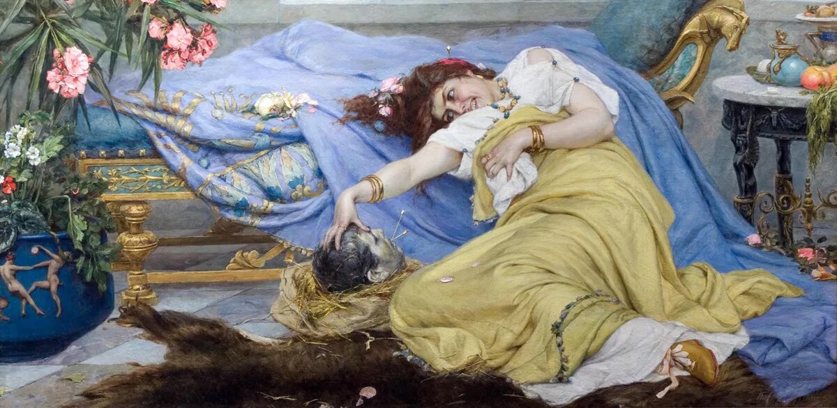 Любовная российская живопись. "Фульвия с головой Цицерона." Художник Павел Александрович Сведомский. (Холст, масло,1898) году. Из описания картины:"На полотне изображён момент, когда Фульвия, мстя за речи Цицерона против её мужа властителя и консула Марка Антония, проткнула язык отрубленной голове оратора золотыми шпильками."  Переславский музей-заповедник, Ярославская область. Источник - museumpereslavl.ru