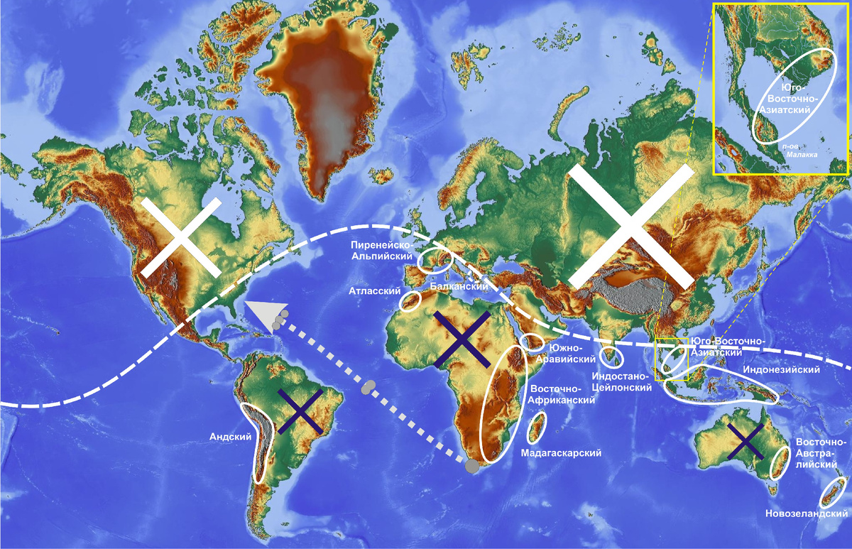 Рис. 1. Наиболее вероятные участки выживания и возрождения человечества. Белый пунктир – южная граница ареала критического разряжения атмосферы; серый точечный пунктир - траектория полёта астероида; белые кресты – гибель людей от асфиксии; фиолетовые кресты – гибель людей от Потопа.