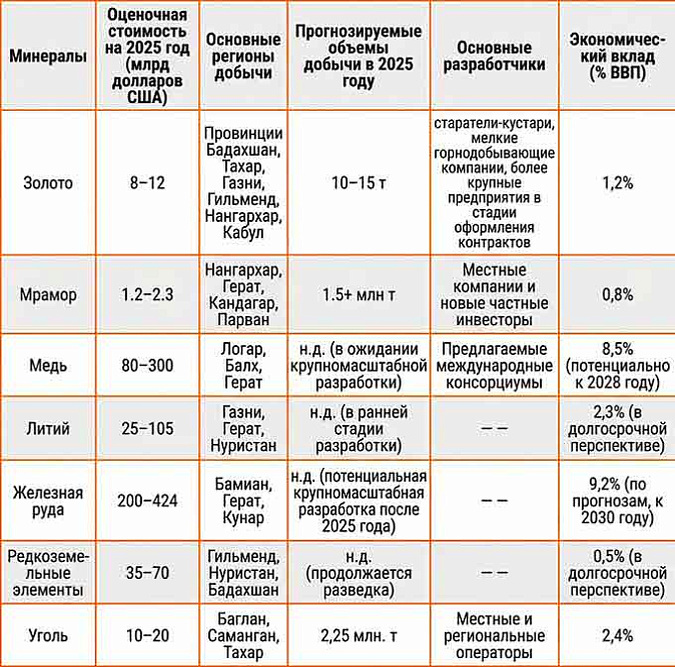 Приведённые значения являются приблизительными. Новые иностранные инвестиции или улучшение ситуации с безопасностью в стране могут быстро увеличить прогнозируемые объёмы добычи и размер вклада в экономику Афганистана.