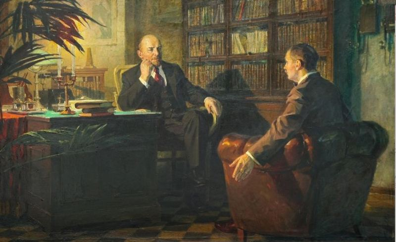 Роман Подобедов (1920—1990). Ленин беседует с Гербертом Уэллсом. (1984). На картине английский фантаст изумлённо разводит руками, услышав невероятные фантазии «кремлёвского мечтателя»