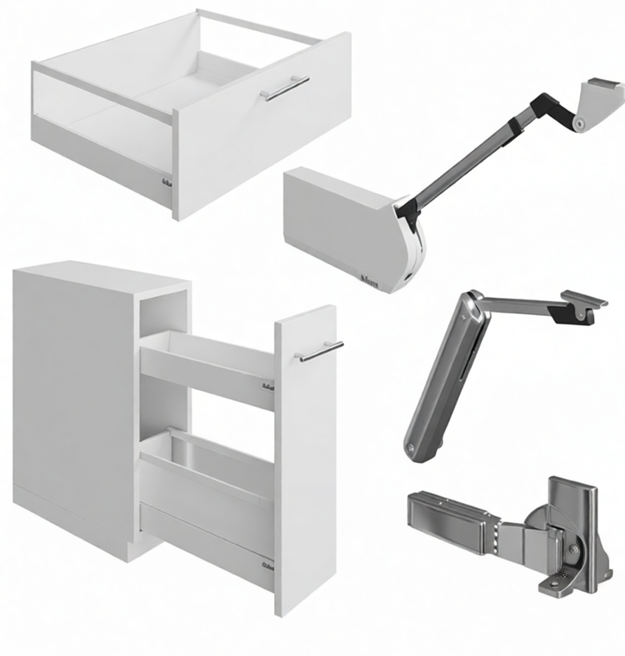 мебельная фурнитура: подъемники, ящик тандембокс, бутылочница из металлических боковин, петли угловые