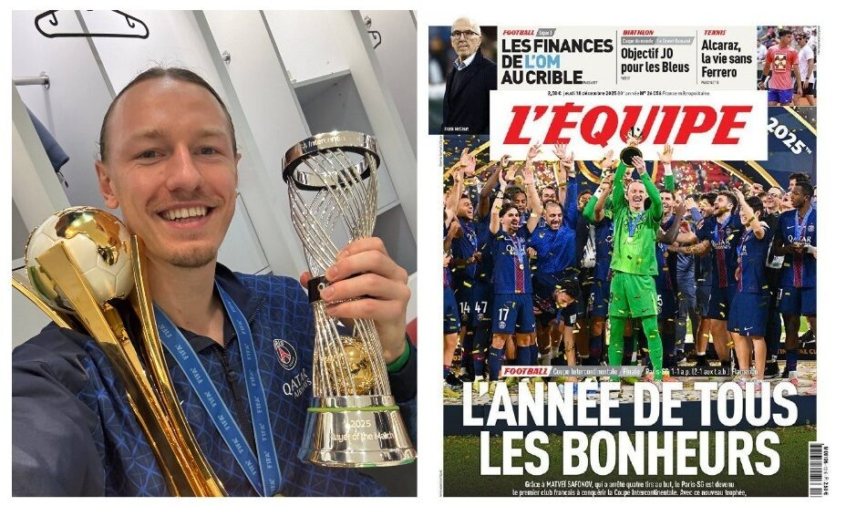    Голкипер «ПСЖ» Матвей Сафонов опубликовал в своих соцсетях фото с Межконтинентальным кубком и призом лучшему игроку матча. Фото: Коллаж соцсети Матвея Сафонова