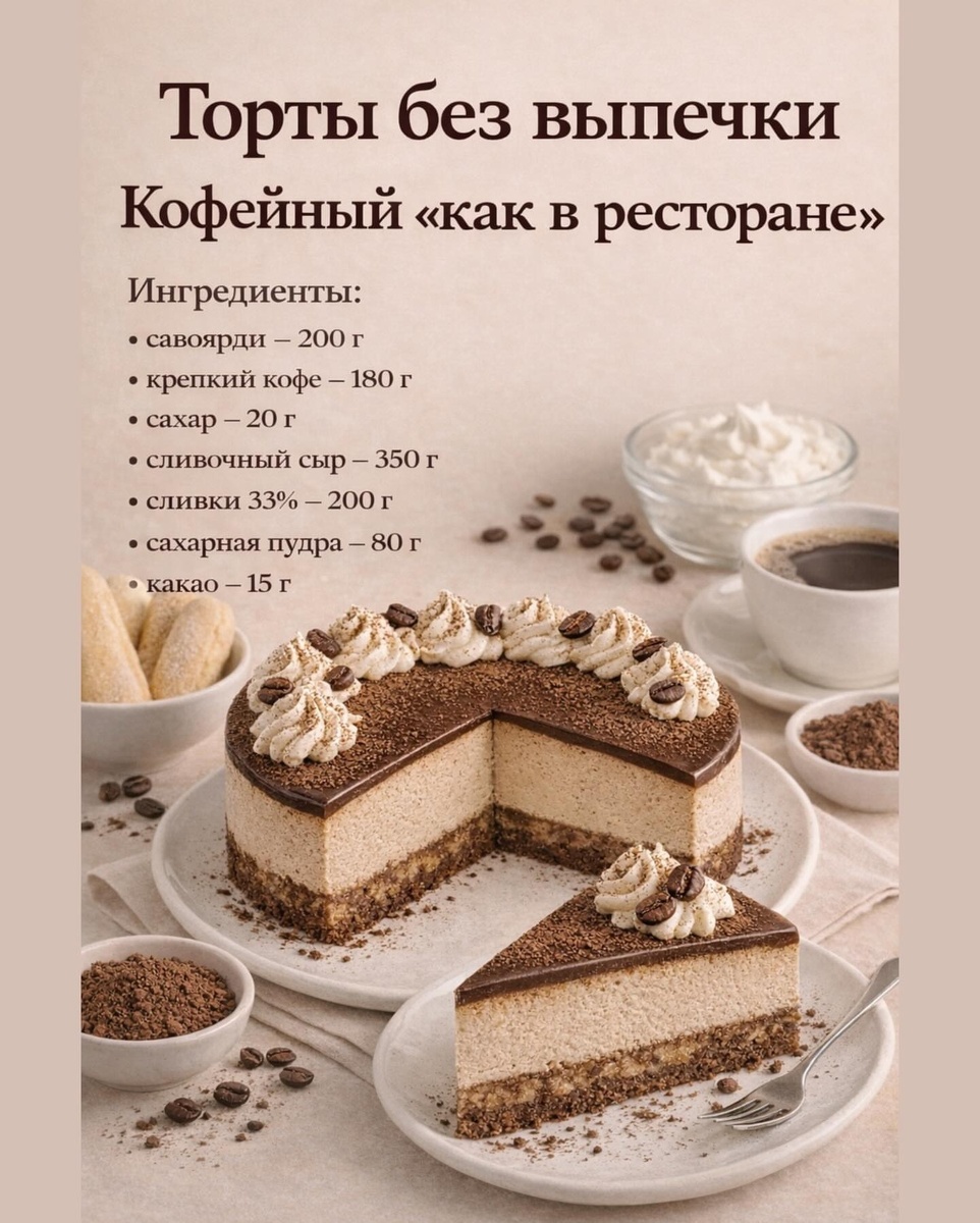 Кофейный «как в ресторане»

Приготовление:
 1. Кофе остудить, добавить сахар и размешать.
 2. Сливочный сыр взбить с сахарной пудрой.
 3. Сливки взбить до мягких пиков, соединить с сырной массой.
 4. Савоярди быстро обмакнуть в кофе и выложить в форму первым слоем.
 5. Сверху распределить половину крема.
 6. Повторить слой савоярди и крема.
 7. Посыпать какао.
 8. Охладить в холодильнике 5–6 часов.