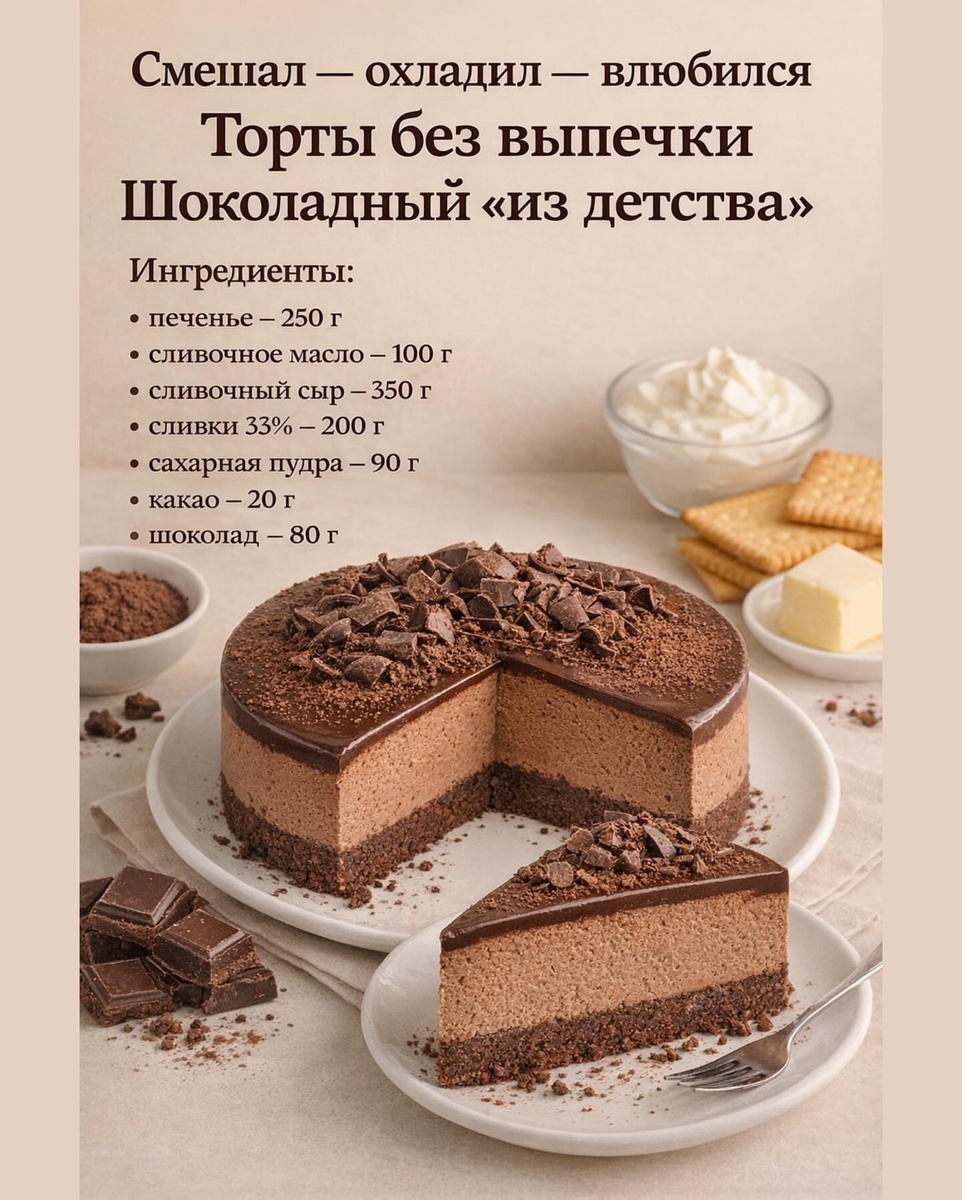 Шоколадный «из детства»Приготовление: 1. Печенье измельчить в крошку, смешать с растопленным сливочным маслом. Утрамбовать в форму, сформировав основу. Убрать в холодильник. 2. Сливочный сыр взбить с сахарной пудрой до гладкости. 3. Сливки взбить до мягких пиков, аккуратно вмешать в сырную массу. 4. Добавить какао и растопленный шоколад, перемешать до однородности. 5. Выложить крем на основу, разровнять. 6. Убрать в холодильник минимум на 4–6 часов до полного застывания.