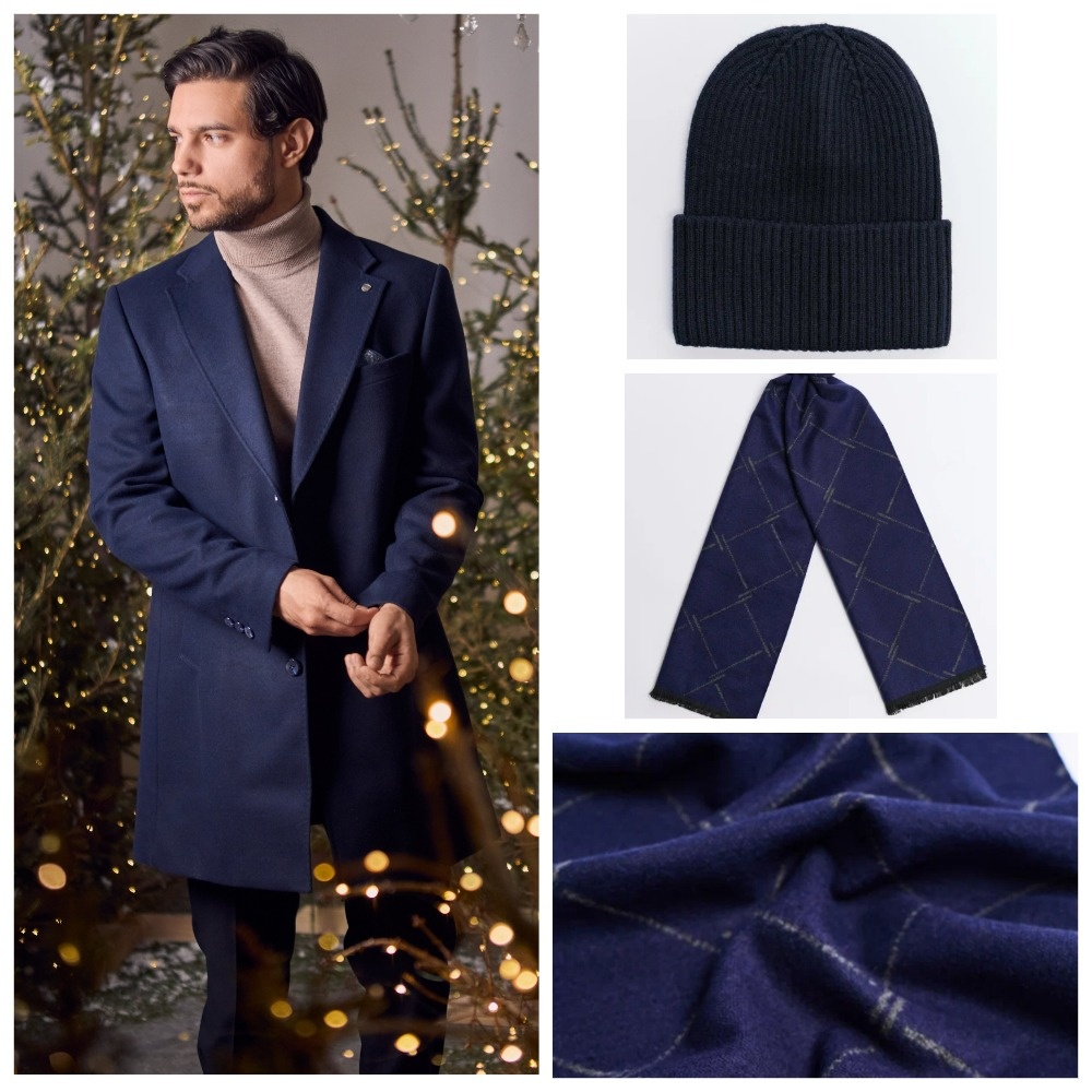 Пример сочетания верхней одежды и аксессуаров в одном оттенке - синий