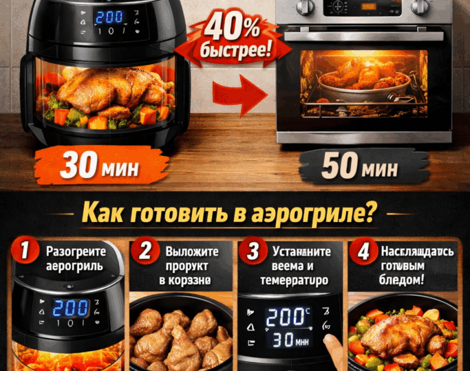 Готовьте с TurboHeat: 40% быстрее, чем в духовке! Узнайте секрет быстрого приготовления в аэрогриле!