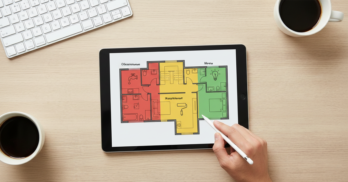 ШАГ 1. Забудьте про картинки. Берите план и делите все работы на три категории. Бюджет должен закрывать красную зону («Без этого нельзя жить»), потом желтую. Зеленая — на потом. 