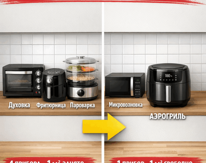Как заменить 4 кухонных прибора на универсальный аэрогриль и освободить 1 м² пространства?