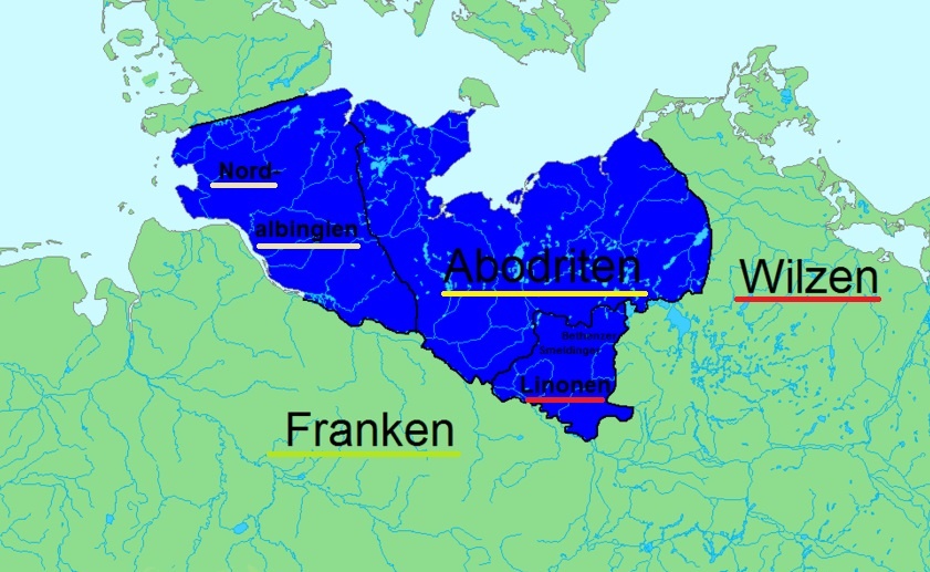 Территория конфедерации бодричей (ободритов, а зарубдных истониках иногда абодритов) с присоедиенной на западе территорий нордальбинги и на юге с территориями подчинённых линонов (глинян), смельдингов (смолян). Также показаны франки на территории Саксонии и союз вильцев (велетов, лютичей) на востоке Источник карты: en.wikipedia.org